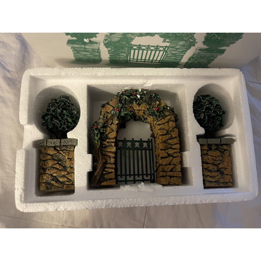 Dept.56 Village Stone Corner Posts with Holly Tree and Stone Archway #52648